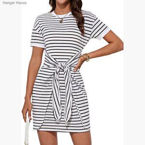 Striped Wrap Dress Short Sleeve Bodycon Mini Casual T-Shirt Dress